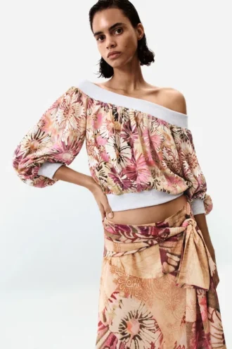 Bedrukte strapless blouse