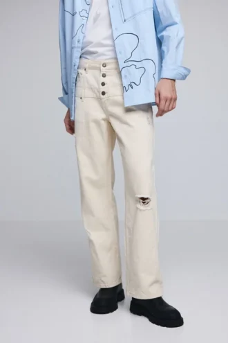 Broek met dubbele tailleband en scheuren