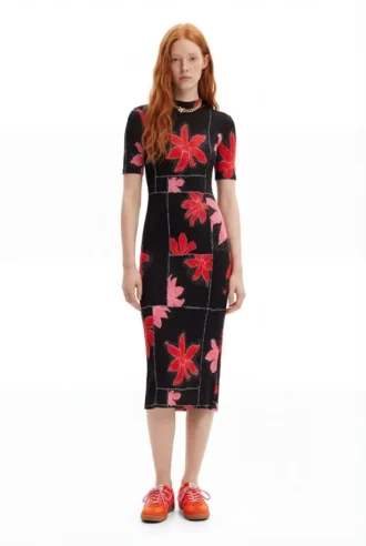 Geribde midi-jurk met bloemenprint