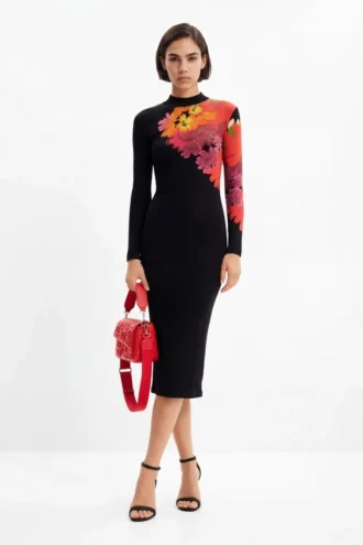 Geribde midi-jurk met bloemenprint