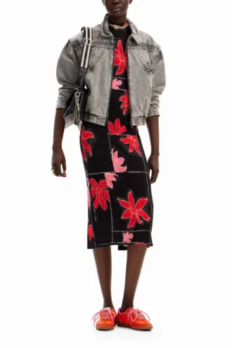 Geribde midi-jurk met bloemenprint