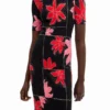Geribde midi-jurk met bloemenprint