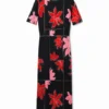 Geribde midi-jurk met bloemenprint