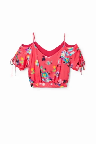 Korte gerimpelde bloemenblouse
