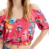 Korte gerimpelde bloemenblouse