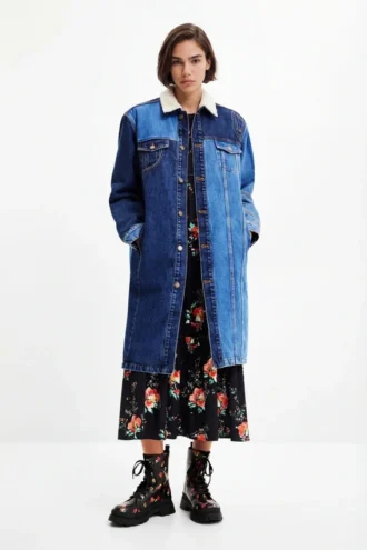 Lang gewatteide denim jas