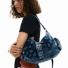Middelgrote denim tas met bloemenprint