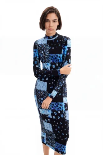 Midi-jurk met bloemenprint en ribbelpatroon