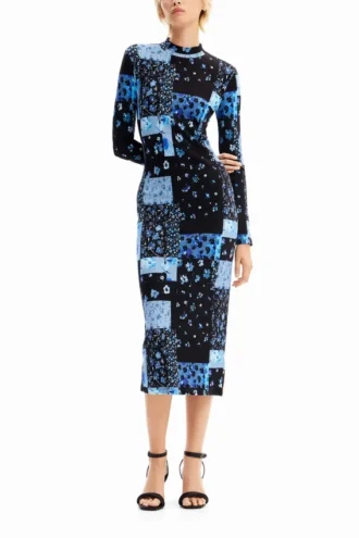 Midi-jurk met bloemenprint en ribbelpatroon