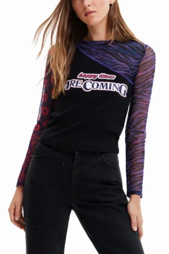 Patchwork T-shirt van tule met tekst
