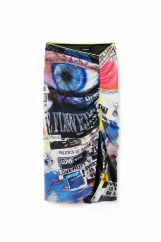 Slanke, gerimpelde midi-rok met collageprint
