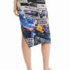 Slanke, gerimpelde midi-rok met collageprint