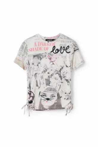 Slanke T-shirt met plooien en krantenprint