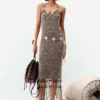 Strapless jurk met franjes