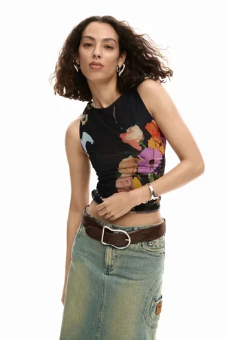 T-shirt van mesh met bloemen
