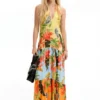Tropische maxi-jurk met halternek