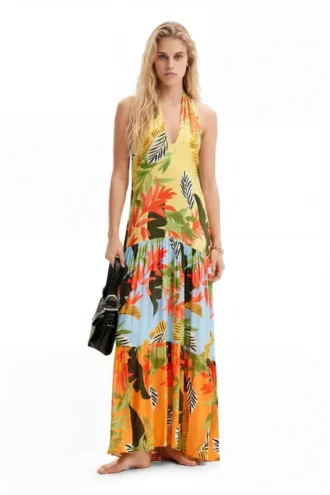 Tropische maxi-jurk met halternek